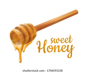 Honey Dipper. Wooden Spoon 3d for liquid sweetness. Realistic wood  food utensils. Isolated white background.  vector illustration.