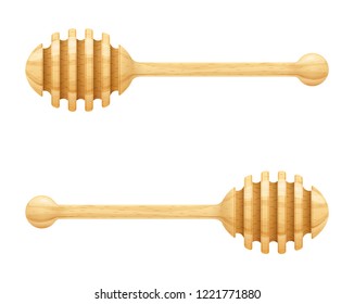 Honey Dipper. Wooden Spoon for liquid sweetness. Realistic wood traditional food utensils. Isolated white background. EPS10 vector illustration.