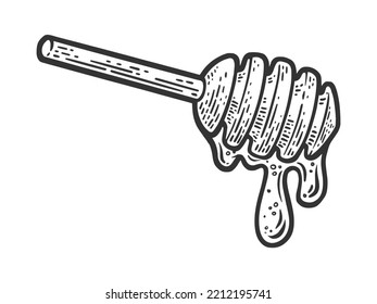 Honey dipper wooden spoon sketch engraving vector illustration. Scratch board imitation. Black and white hand drawn image.