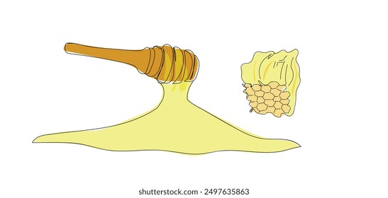 Honey dipper wooden spoon sketch hand drawn color  vector illustration.
Honeycomb with honey doodle. Bee apiary. Farm extraction of honey and wax. Hand drawn vector sketch illustration.