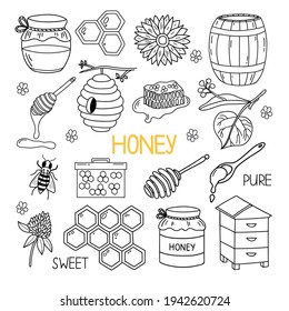 Honey doodle set with bee, beehive, honeycomb, linden, sunflowers. Hand drawn vector illustration isolated on white background. 