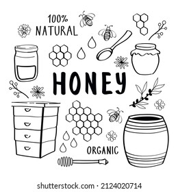 Honey doodle set. Beekeeping, apiculture: bee, hive, spoon, honeycomb, jar.  Cute cartoon organic food collection, isolated on white. Hand drawn vector illustration.