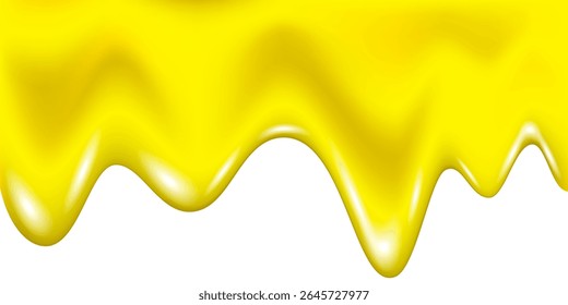 Honey drip background. Flowing and dripping realistic maple syrup. Oil splash and drop or melted butter texture.  Vector lemon, orange, banana  jam. Yellow slime.