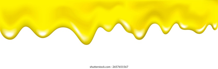 Fundo de gotejamento de mel. Fluindo e pingando xarope de bordo realista. Óleo salpicado e textura de manteiga derretida. Líquido âmbar pegajoso. Engarrafamento de limão, laranja, banana ou maçã vetorial. lodo amarelo.