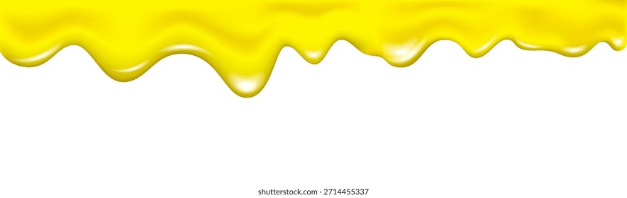 Fondo de goteo de miel. Fluyendo y goteando jarabe de arce realista. Aceite de salpicadura y gota o textura de mantequilla derretida. Líquido ámbar pegajoso. Vector de mermelada de limón, naranja, plátano o manzana. Baba amarilla.