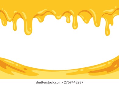 Honey drip border flat illustration design with smooth flowing golden liquid shapes. Dripping glaze, Syrup flow, Golden liquid drip colorful element design for decoration and oranament