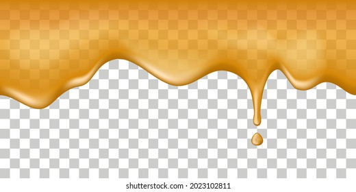 Honey drip flow.. Oil, honey,caramel, maple syrup or sauce splash wave, Liquid texture with droplet, isolated on transparent background. Vector illustration