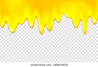 Honey Drip. Golden Syrup, Caramel, Jam, Liquid Oil. Yellow Paint. Dripping Pineapple, Lemon, Orange, Mango Jelly. Vector Juice Background. 