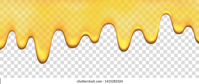 Honey Drip. Golden Syrup, Caramel, Jam, Liquid Oil. Yellow Paint. Dripping Pineapple, Lemon, Orange, Mango Jelly. Vector Juice Background. 