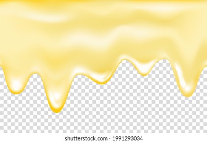 Honey drip. Golden syrup, caramel, jam, liquid oil. Yellow paint. Dripping pineapple, lemon, orange, mango jelly. Vector juice background. 