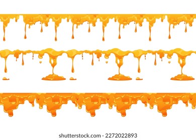 Honey drip pattern. Seamless print with pouring bee sweet nectar, melting liquid syrup drops for wrapping wallpaper fabric design. Vector texture of honey drop pattern line illustration