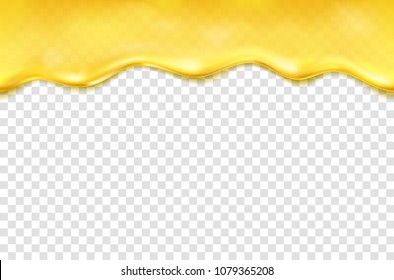 Honey drip seamless pattern isolated on transparent background. Golden oil, caramel, orange sauce drop.   Vector pure gold liquid honey syrup or cream border template for your advertising design.