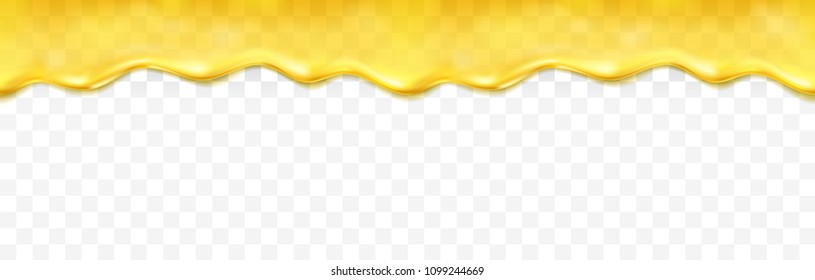 Honey drip seamless pattern isolated on transparent background. Golden butter, caramel, orange confectionery syrup. Vector melted bee honey or cream border template.