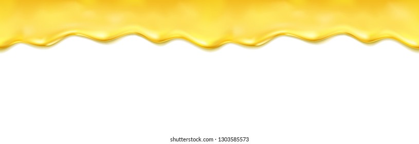 Honey drip seamless pattern isolated on white background. Golden butter, caramel, orange confectionery syrup. Vector melted bee honey or sauce border template.