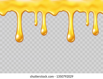 Honey drip seamless pattern isolated on transparent background. Golden oil, caramel, orange sauce drop. Vector pure gold liquid honey syrup or cream border template.