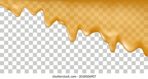 Derrame de miel. Arena de jarabe, miel, gelatina o jugo de naranja, caramelo, aceite, salsa dulce. Textura líquida, aislada sobre fondo transparente. Ilustración del vector