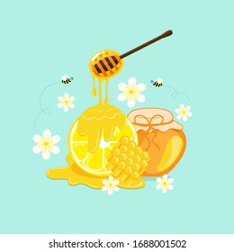 Honey is driping down in a lemon with bee and flowers on green pastel background. Vector illustration.