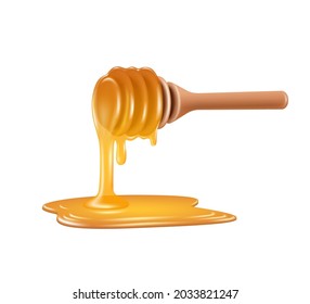 Honey dripped from the dipper onto the ground below for food advertising design,vector 3d isolated on white background