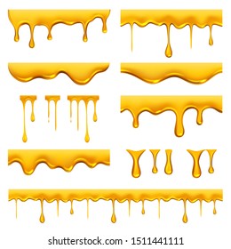 O mel pingou. Óleo dourado líquido ou molho de comida gotas de caramelo respingo e modelo realista de vetor fluindo