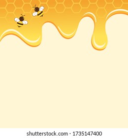 Honey dripping, abstract honeycomb and cartoon bees on yellow background vector illustration. Cute cartoon honey drops.

