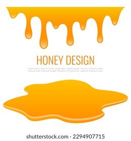 Honey dripping design, liquid paint spill isolated on white background. Vector flat illustration on dripping yellow paint, abstract web design elements.