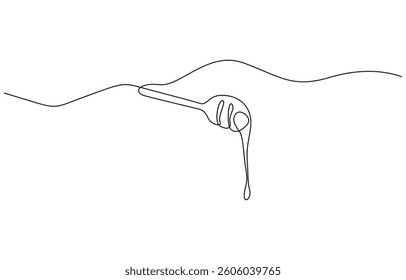 Honey dripping from honey dipper, continuous line drawing, Continuous one line drawing of honey dripping from a wooden honey dipper isolated on white background.
