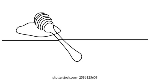 Honey dripping from honey dipper, continuous one line drawing, tattoo, print for clothes and logo design, A continuous line drawing of a honey jar with a dipper, white background isolated pro vector. 