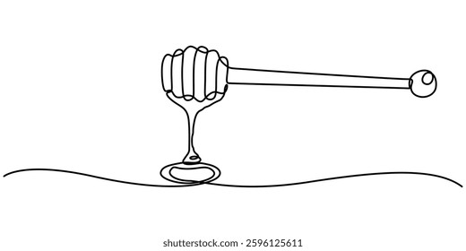 Honey dripping from honey dipper, continuous one line drawing, tattoo, print for clothes and logo design, A continuous line drawing of a honey jar with a dipper, white background isolated pro vector. 