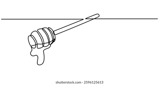 Honey dripping from honey dipper, continuous one line drawing, tattoo, print for clothes and logo design, A continuous line drawing of a honey jar with a dipper, white background isolated pro vector. 
