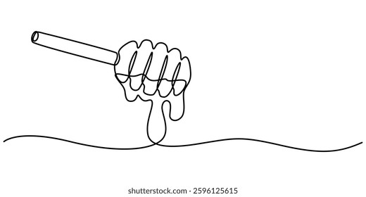 Honey dripping from honey dipper, continuous one line drawing, tattoo, print for clothes and logo design, A continuous line drawing of a honey jar with a dipper, white background isolated pro vector. 