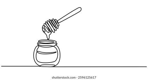 Honey dripping from honey dipper, continuous one line drawing, tattoo, print for clothes and logo design, A continuous line drawing of a honey jar with a dipper, white background isolated pro vector. 