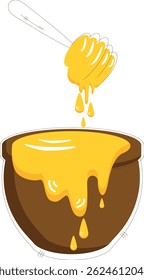 Honey Dripping from Honey Dipper into Pot. Bees vector illustration.