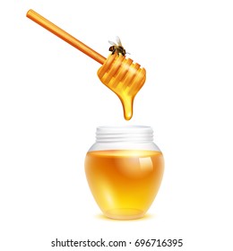 Honey dripping from dipper stick with honeybee in glass jar realistic design concept on white background vector illustration 