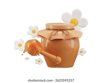 Honey dripping from dipper sticks with honey jar icon with flower icon 3d render