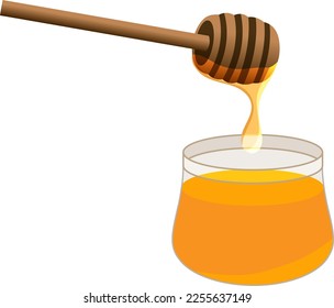 Honey dripping from dripper into the glass jar on isolated white background. Vector illustration.