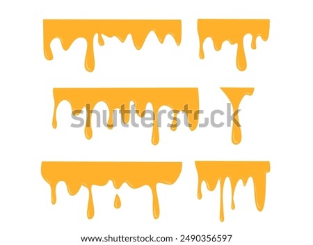 Honey dripping golden yellow realistic syrup. melting cheese liquid drop border with flat top for top decoration frame vector illustration set Pro Vector