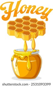 Honey dripping from honeycomb into a jar