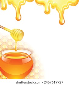 honey dripping from a jar with a honeycomb background