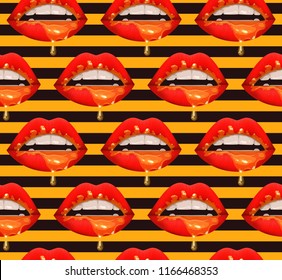 Honey dripping lips, vector seamless pattern