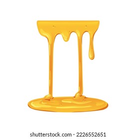 Honey dripping. Melting caramel flowing down to sweet sticky pool. Gold maple syrup leaking, trickling to liquid fluid sugar puddle. Flat graphic vector illustration isolated on white background