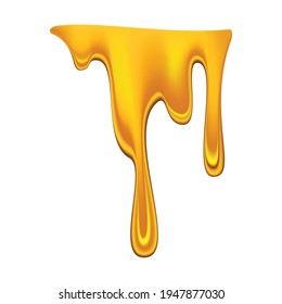 Honey dripping on white background. Golden flow syrup, caramel flowing or liquid melt template. Colorful delicious honey drops