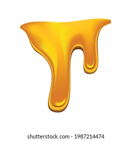 Honey dripping on white background. Golden flow syrup, caramel flowing or liquid melt template. Colorful delicious honey drops
