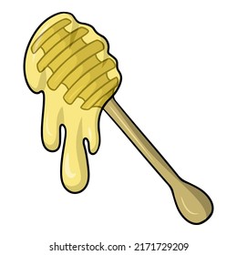Honey dripping from a honey stick, Wooden spoon for honey, vector illustration in cartoon style on a white background