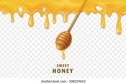 Honey dripping from top and honey dipper isolated on transparent background. 3D illustration backdrop for design.