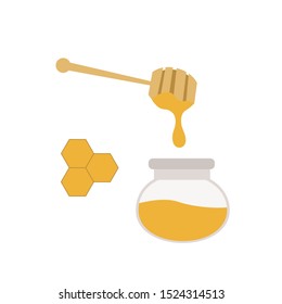 Honey dripping. Vector illustration cartoon flat icon pot of honey, wooden honey stick with yellow drops. Isolated on white