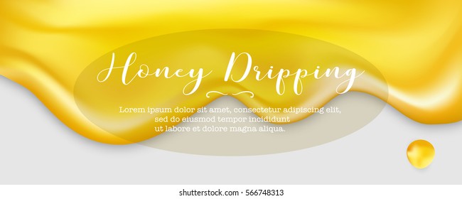 Honey dripping wide vector illustration. Golden liquid flowing on bright background. Oil or caramel concept elements.