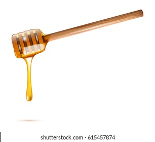 Honey dripping from wooden honey dipper