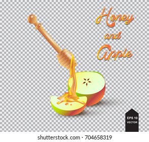 Honey dripping from wooden honey dipper and apple, half apple, lettering isolated on transparent checkered background. Honey splash, logo design, fresh healthy food, sweet dessert. Vector illustration