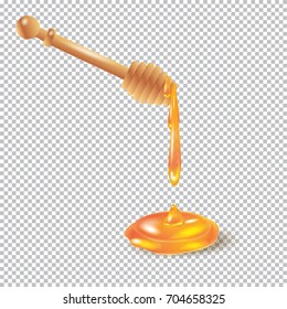 Honig, der aus Holzhonigflossen tropft, Tropfen einzeln auf transparentem, karierten Hintergrund. Honigspritzer, Logo-Design, frisches gesundes Essen, süßer Nachtisch. Realistischer Honey-Dipper 3D-Vektorgrafik