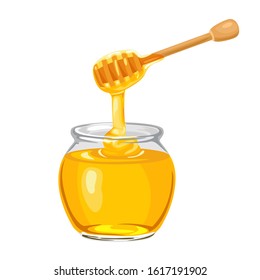 Honey dripping from wooden dipper. Glass jar full of pure honey isolated on white background. Vector illustration of delicious organic sweets in cartoon flat style.